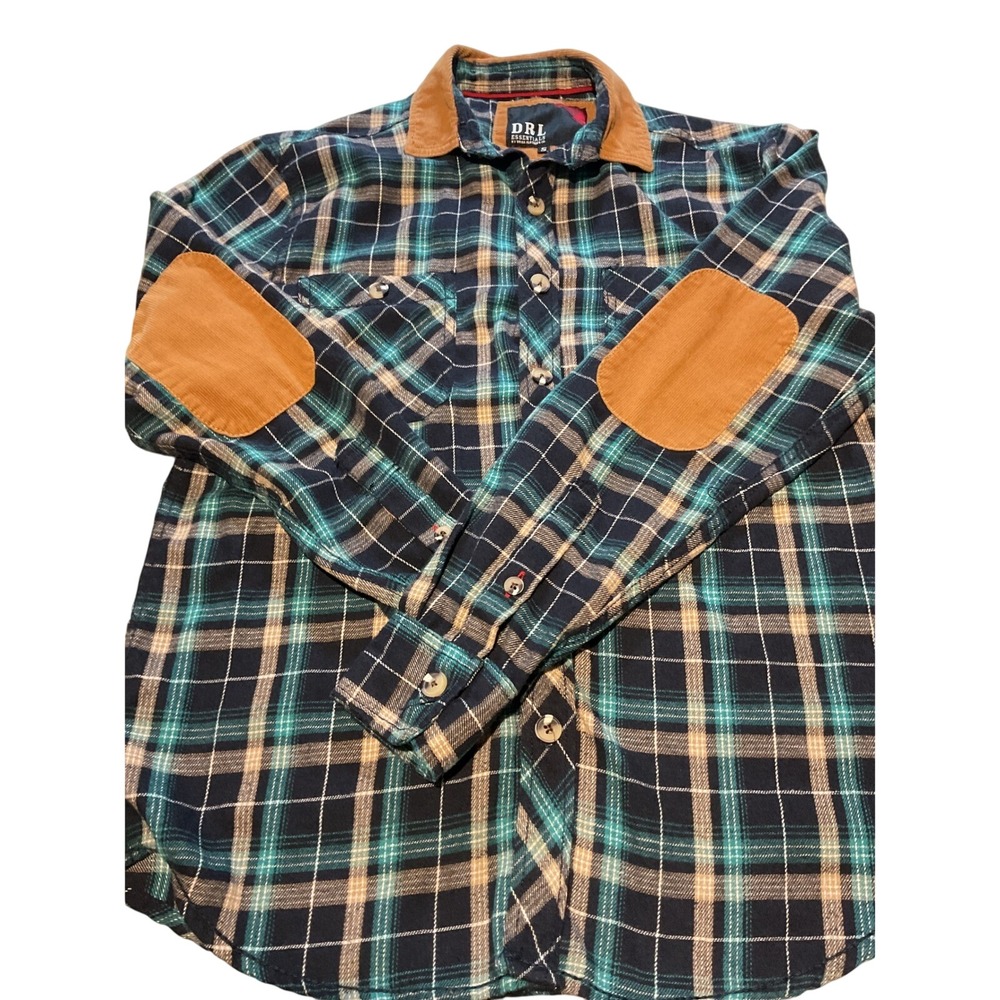 DRL‎ Essentials Plaid Flannel Corduroy Collar Elbow Patch Button Up Shirt Size S